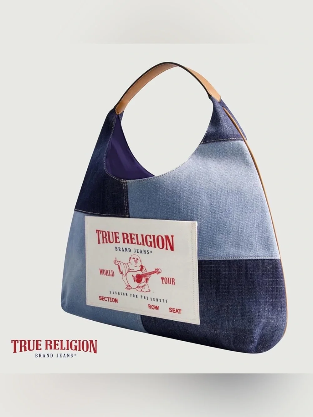 True Religion Blue White Patchwork Fade Denim Ticket Patch Hobo Shoulder Bag NEW